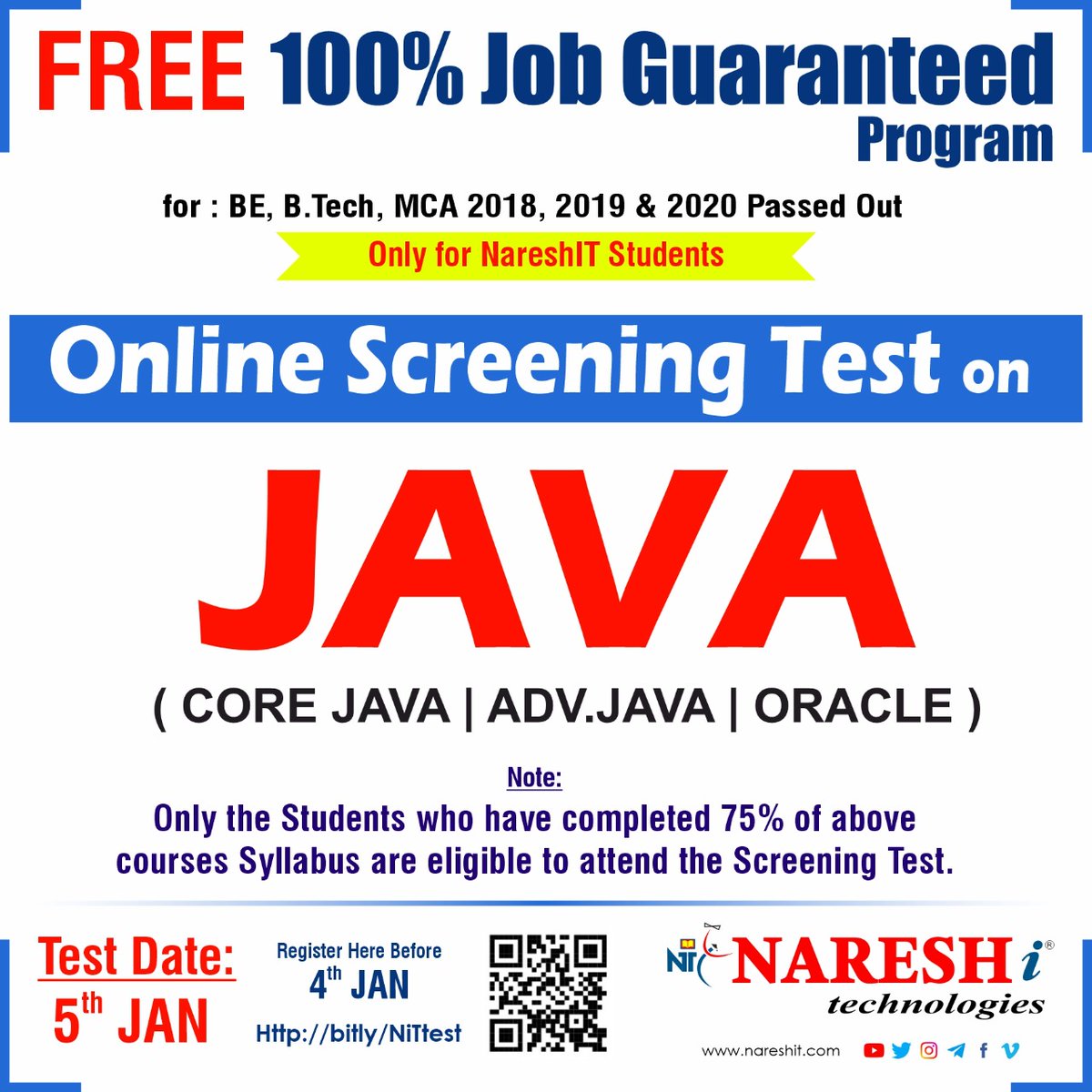 nareshitech's tweet photo. ✍️Register Here: https://t.co/TeGxEawv6Z
👉Free 100% Job Guaranteed Program- Online Screening Test on Java
📅Apply Before 4th Jan 2022
📅Test Date: 5th Jan 2022
📩Join us on Telegram: https://t.co/VWn7dyuSGg
#java #oracle #spring #uitechnologies #Jobguaranteed #program #it https://t.co/hHhmI4omBr