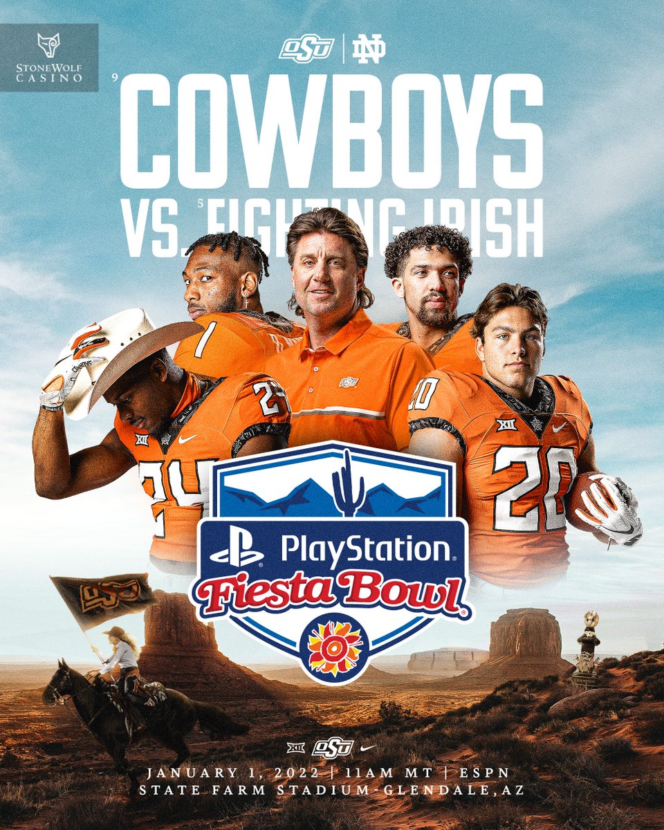 CowboyFB's tweet photo. It's time.

🏈 @Fiesta_Bowl vs @NDFootball 
📍 State Farm Stadium; Glendale AZ
⏰ Noon CT
📺 ESPN 

#LetsRide | @stonewolfcasino https://t.co/NrLiwuP0cb