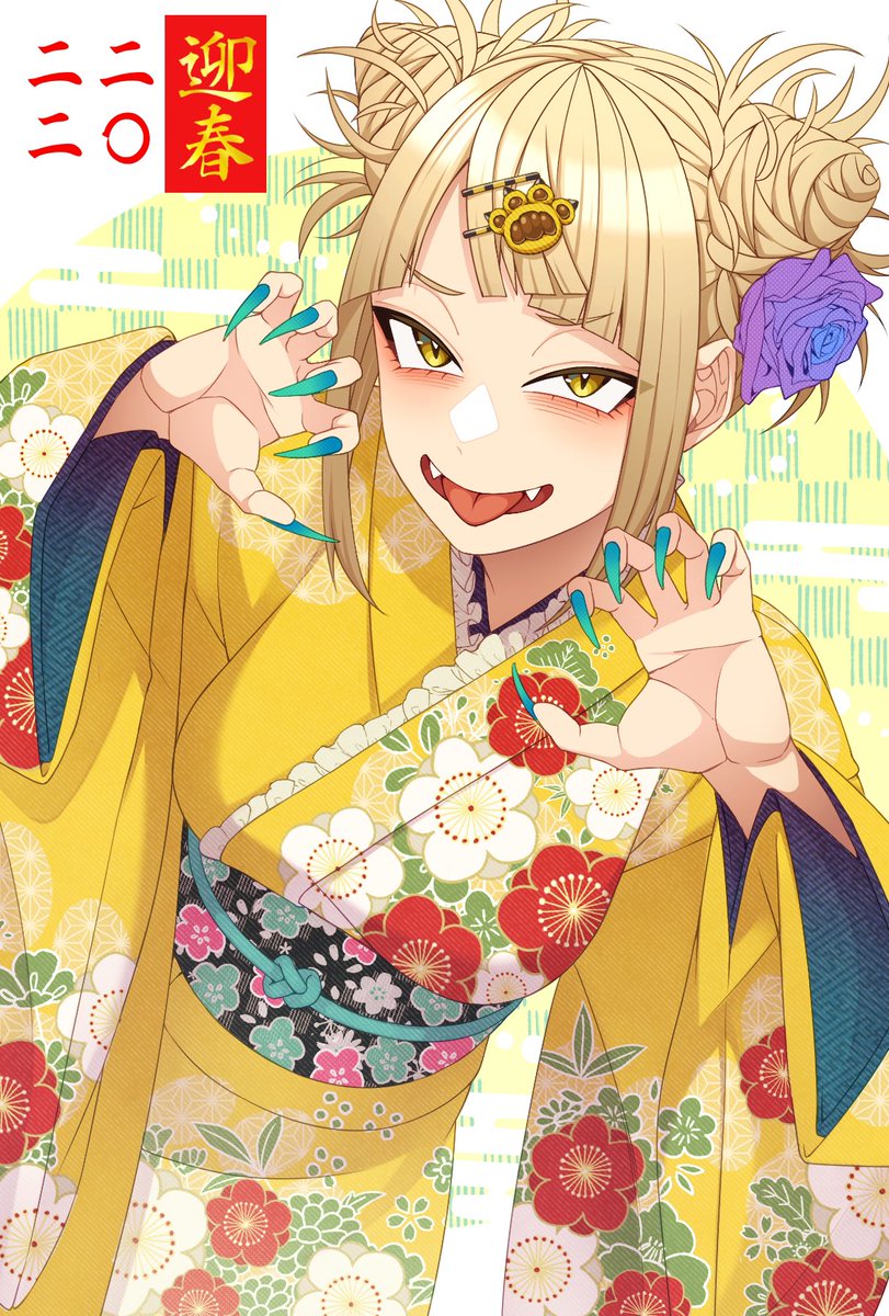 toga himiko 1girl hair bun double bun kimono solo japanese clothes tongue  illustration images