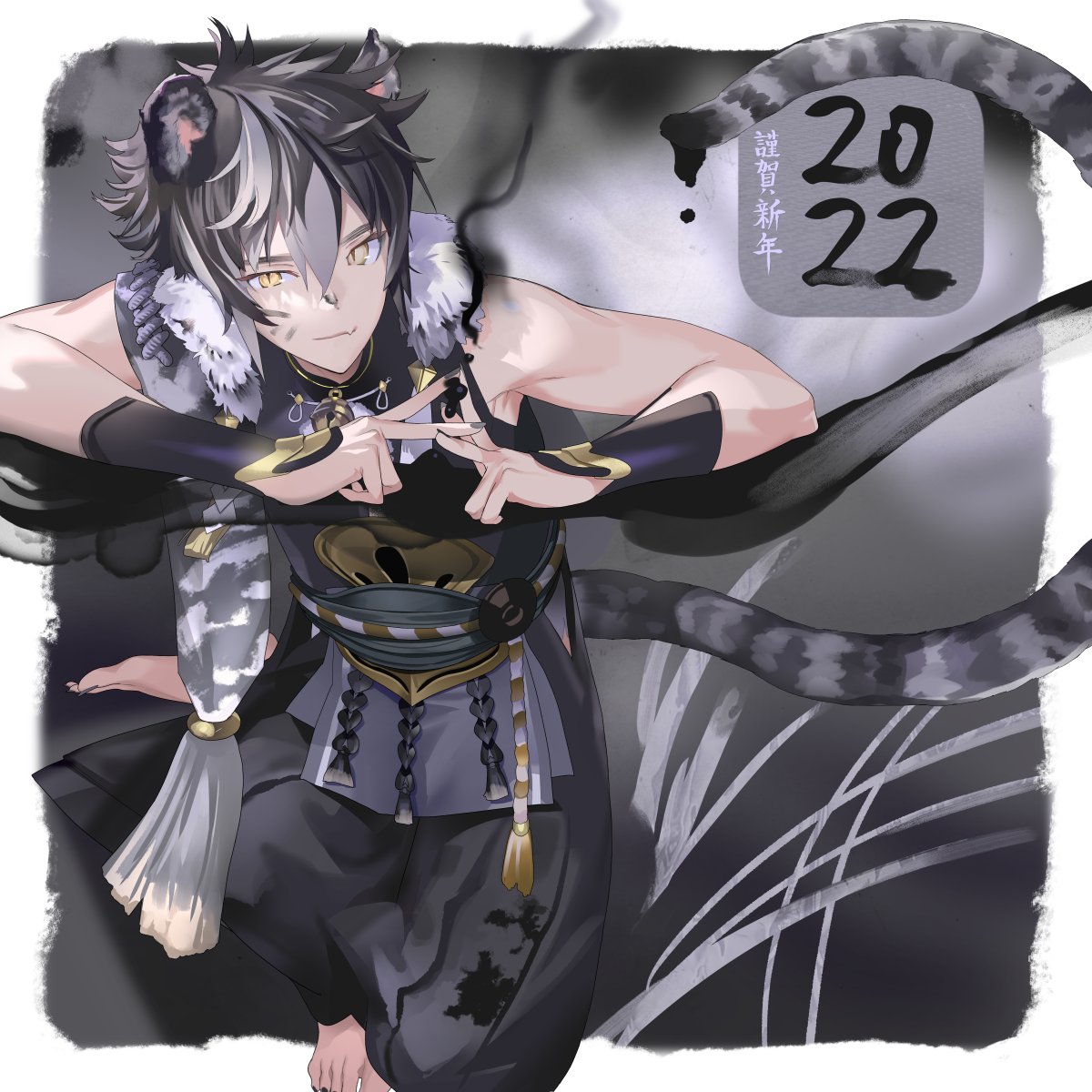 animal ears 1boy male focus tail black hair yellow eyes solo  illustration images