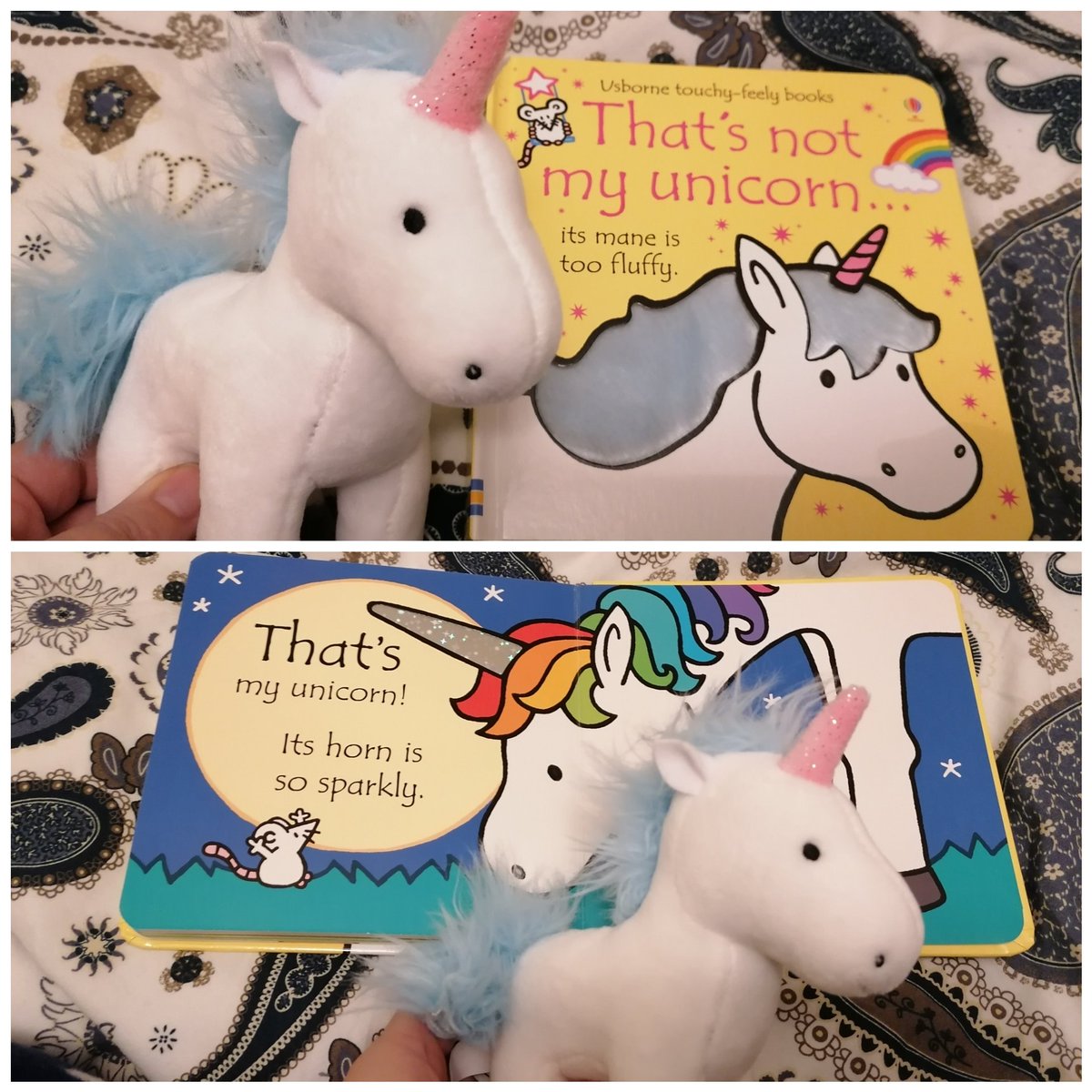 Strawberrysilks's tweet photo. Question from confused child: why does the toy unicorn in the gift set not look like "My" unicorn? @Usborne Publishing, can you help because it clearly says on the cover that "this is not my unicorn"? 🦄🤔 https://t.co/UmN6tDhcWV