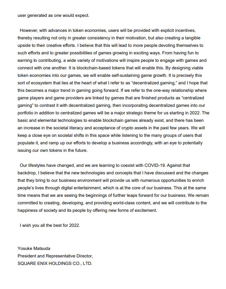 a New Year's letter from the Square Enix president talks about new tech/concepts including NFTs, the metaverse, and particularly how blockchain games "hold the potential to enable self-sustaining game growth" bit.ly/3HnWubV