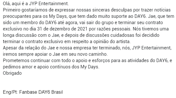 FanbaseDAY6's tweet photo. [TRAD/INFO] JYPEnt. solta nota oficializando a saída do membro Jae da banda DAY6 e da empresa.

#DAY6 @day6official https://t.co/AD10uVuWsL