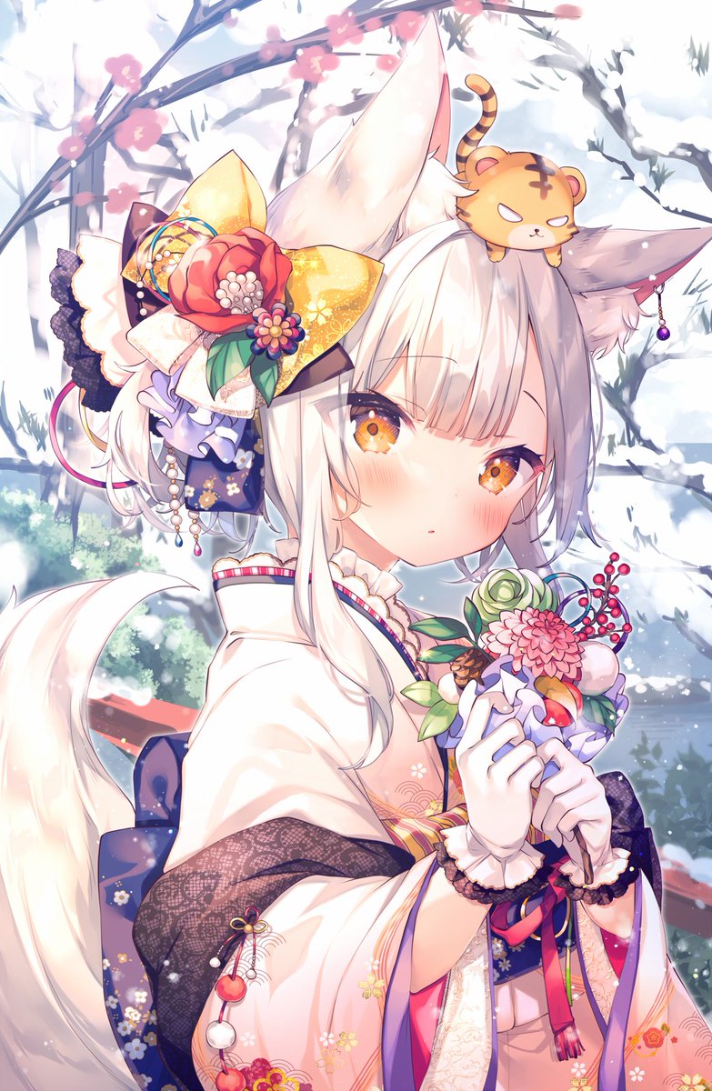 1girl animal ears kimono tail solo japanese clothes gloves  illustration images