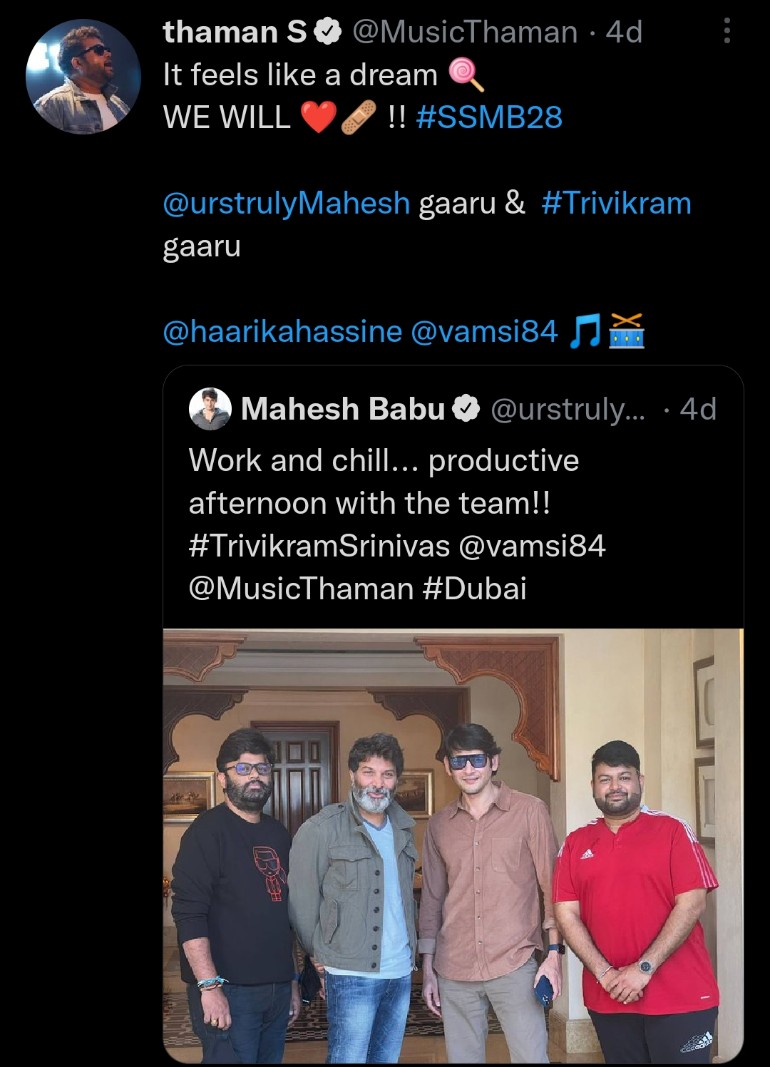 PranavChintu2's tweet photo. @MusicThaman #SSMB28 😉 https://t.co/meSDYR3LaD