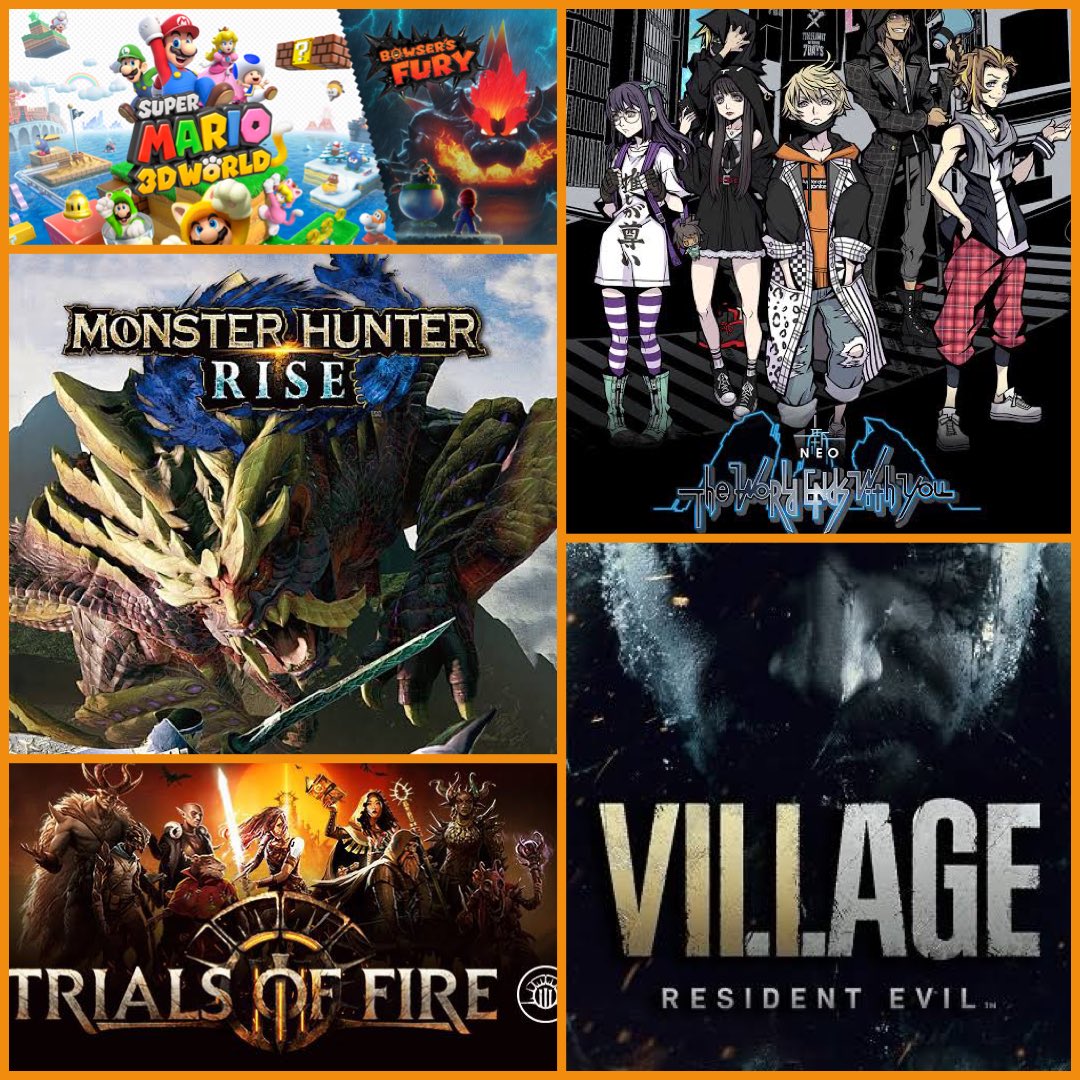 Zolbrod's tweet photo. It’s January 1st so I am legally obliged to do this: my top 5 games of 2021 in no particular order! (I’m not biased. Honest!)
#trialsoffire #MHRise #neotwewy #BowsersFury #REVillage https://t.co/0cr6vY6Awp