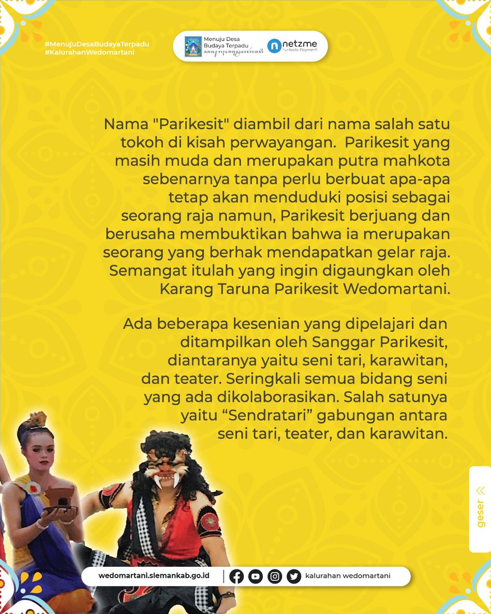 Sanggar Seni Parikesit merupakan sebuah sanggar seni yang dibentuk oleh para pemuda Karang Taruna Parikesit Wedomartani. Sanggar ini menjadi wadah untuk para pemuda yang memiliki ketertarikan atau minat di bidang seni-budaya.
#wedomartani #budaya #kesenian