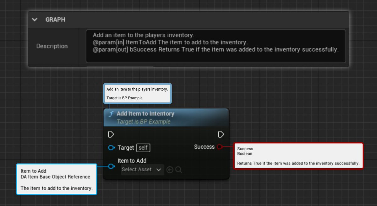 UnrealDirective's tweet photo. #UETips #4 - Similarily to C++, descriptions can be added to blueprint function parameters by using the @ param tag.

It's ideal to do this as it can help clarify the intent of the function to other developers and future you. 

#UE4 #UE5 https://t.co/8hvp1jrfSr