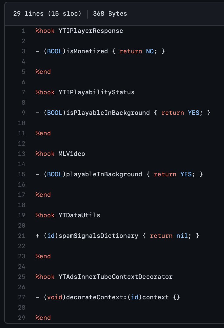 PoomSmart's tweet photo. "Hook only what you need to hook" - A lightweight YouTube tweak to block ads and enable background playback.

https://t.co/YHH8HXJQuC https://t.co/zjWr9OwAJU