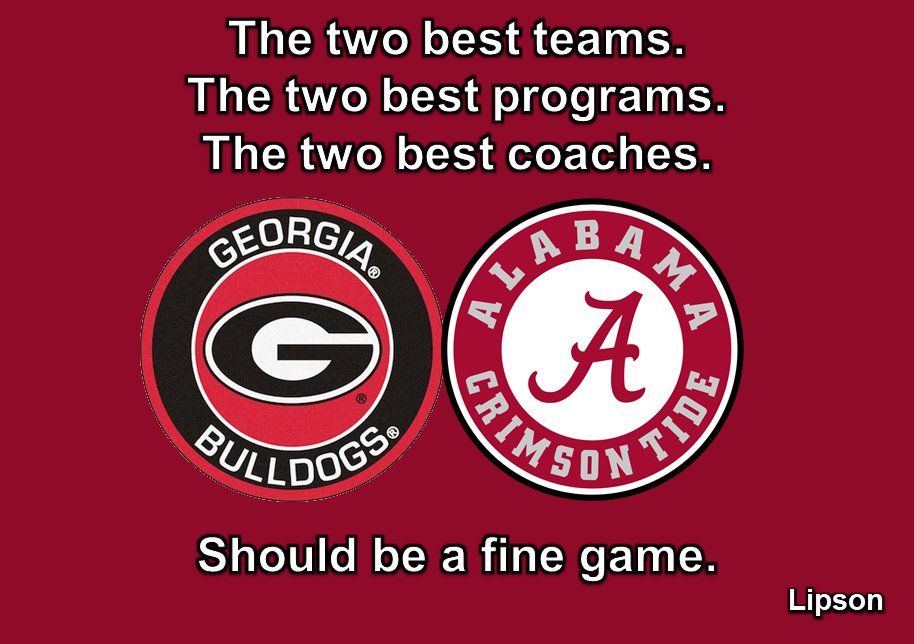 Charles_Lipson's tweet photo. Should be a great rematch.
#GeorgiaBullogs #CrimsonTide #CollegeFootball #collegefootballplayoffs #Alabamafootball https://t.co/10fguAQD8w