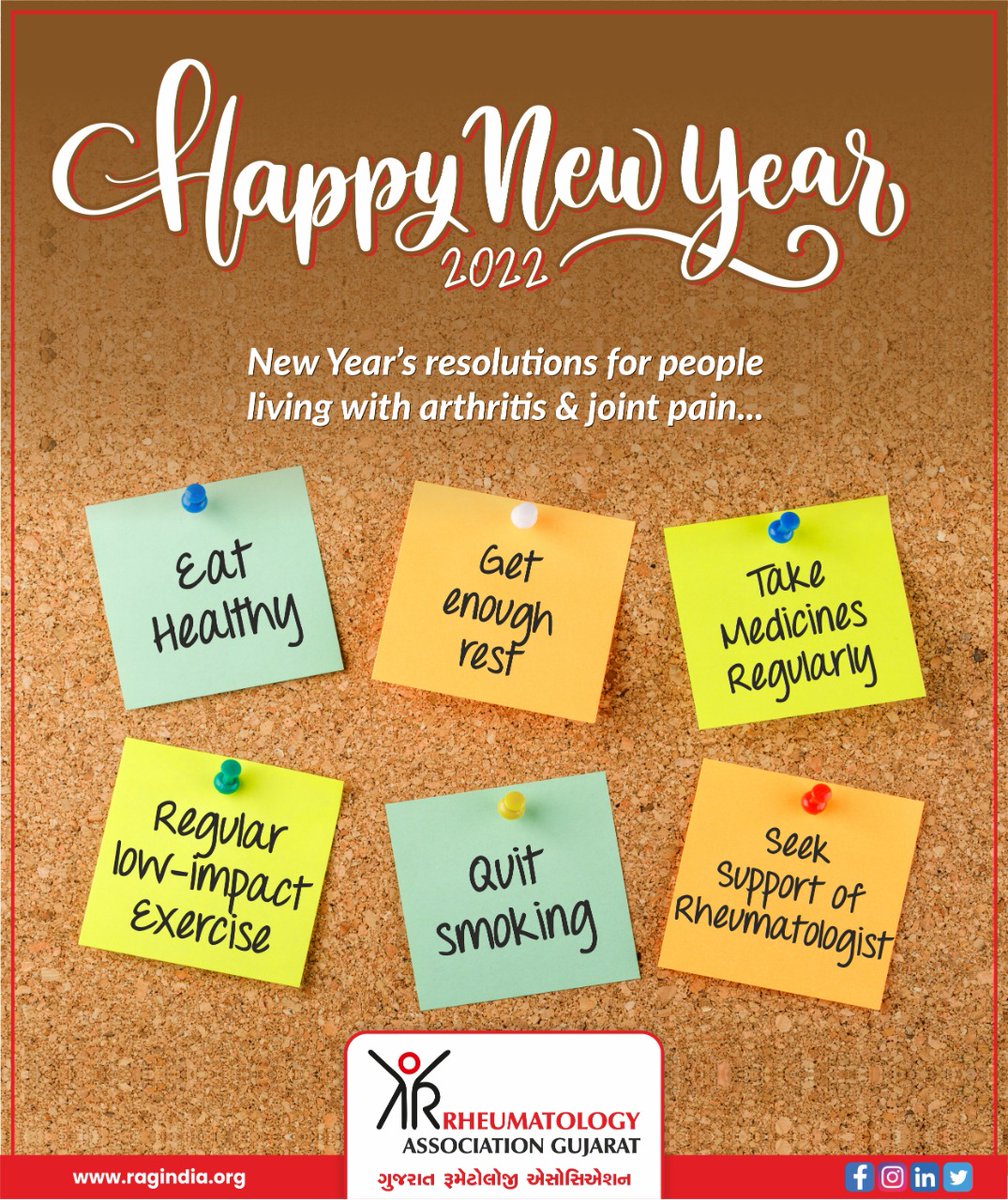 raggujarat's tweet photo. Wishing you a happy &amp; healthy new year. Think of your New Year resolutions as a lifelong commitment to a healthier lifestyle.
#welcome2022 #health #fitness #RAG #Rheumatologist #Rheumatology #ArthritisCare #newyear2022 https://t.co/K3kPrOwMmy