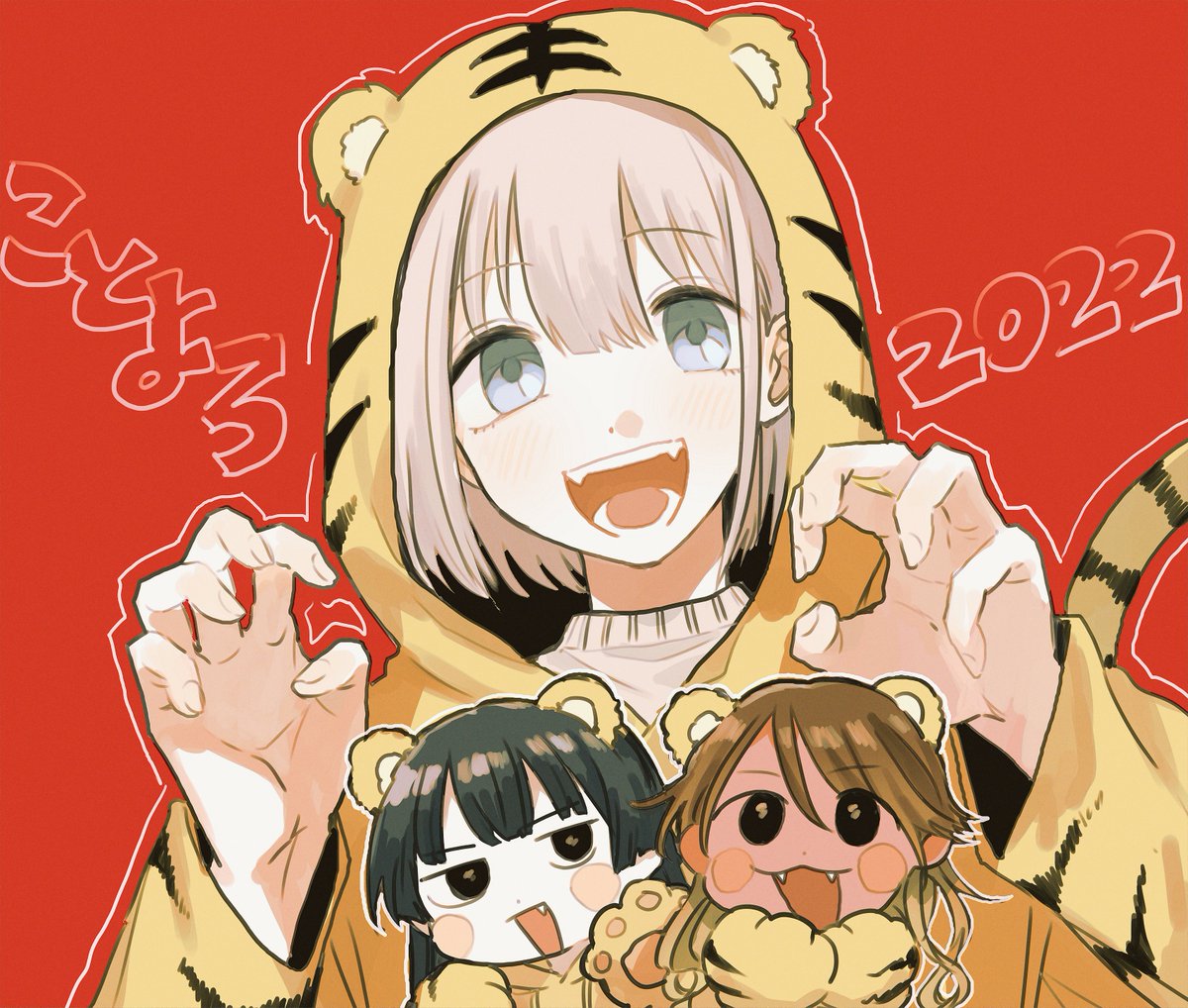 izumi mei ,mayuzumi fuyuko ,serizawa asahi multiple girls 2022 3girls fangs hood tiger print year of the tiger  illustration images