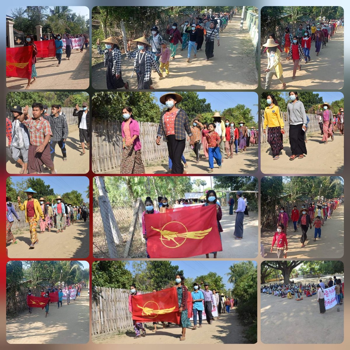 The massive protesters of the Multi-Villages Strike from the coalition of Salingyi and Yinmarpin tsps vigorously marched the 297th day of regular protest against the Dictatorship on the morning of New Year 🚩

#ToFederalDemocracy2022
#2022Jan1Coup
#WhatsHappeningInMyanmar
