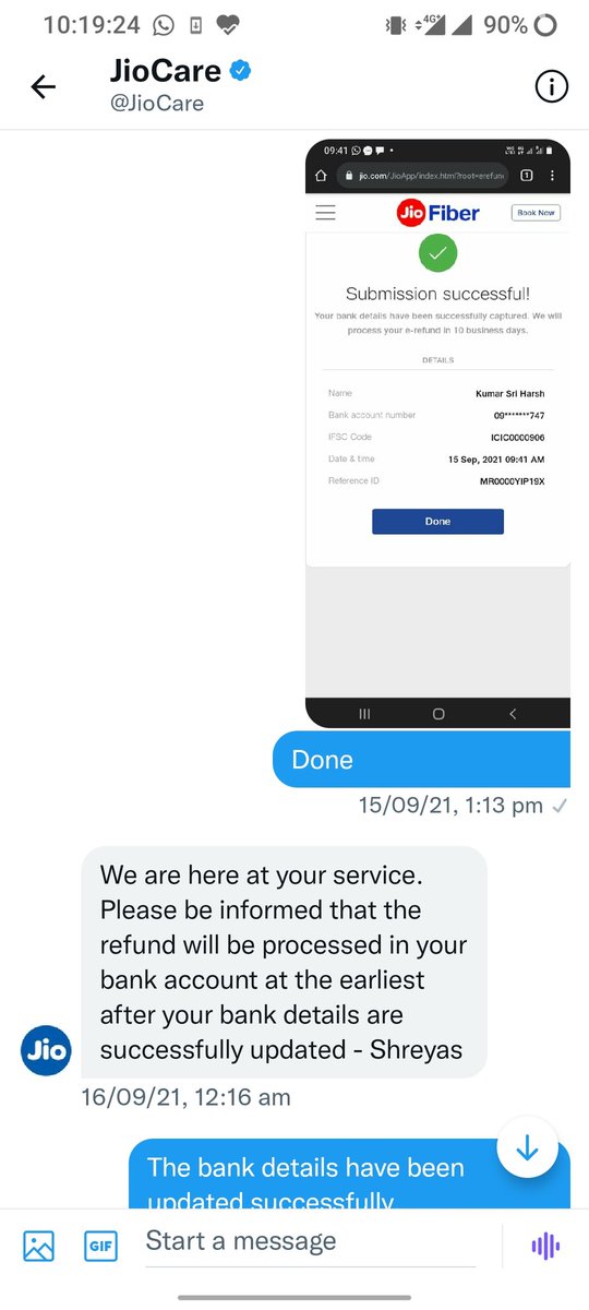 rpihu's tweet photo. It is going to be an year and I have not got my refund from jio. #JioFiber please let me know what should I do for the refund #Jio #ambani Below I am attaching the response let me know what to do? https://t.co/oxiP6nJ6c1