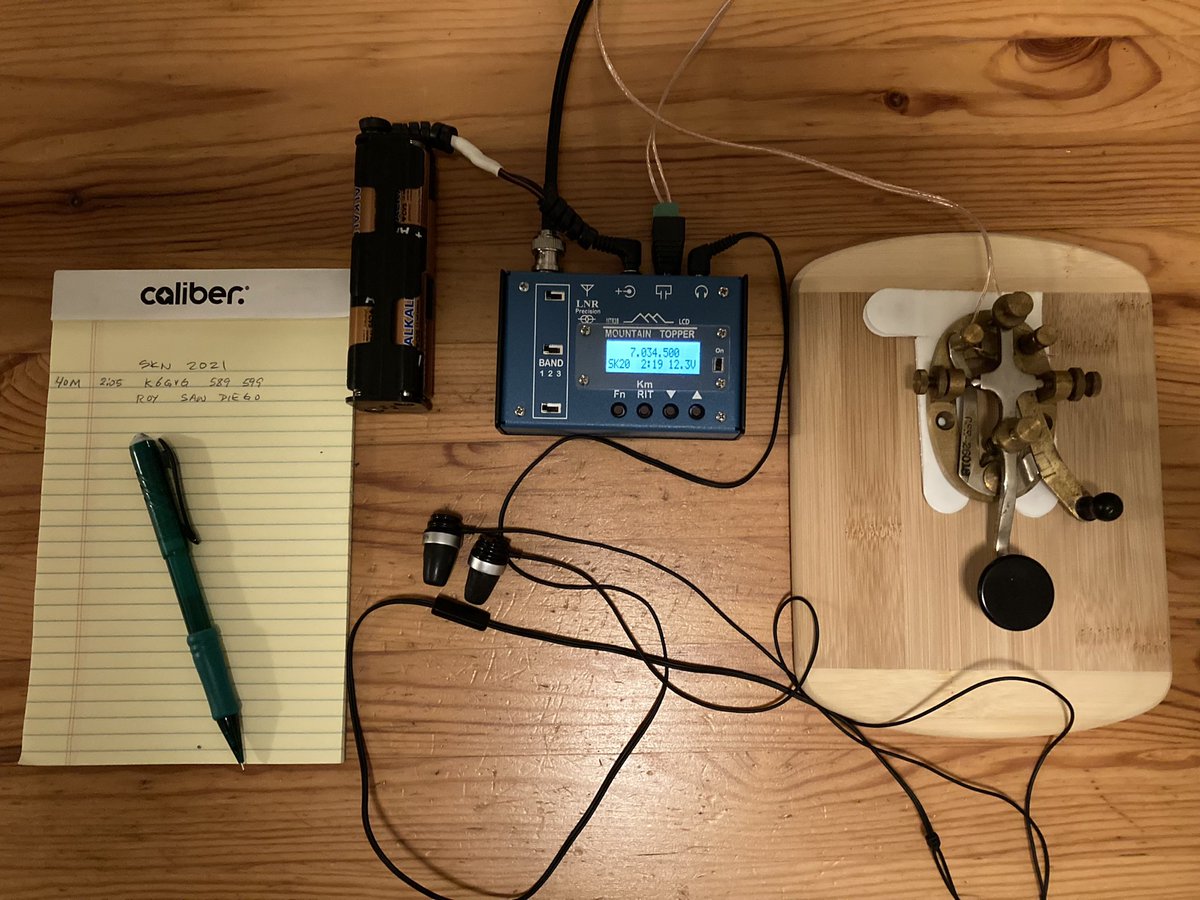 N9Ohw's tweet photo. Straight Key Night with the MTR-3B and a WWII Navy key built by Signal Electric in 1941.
Improvised base for the key from a cutting board and Command strips. Not Navy certified.
8 AA batteries for 5 Watts. Buddipole antenna. #qrp #arrl #straightkeynight
HNY de N9OHW https://t.co/9MimAA9FmB