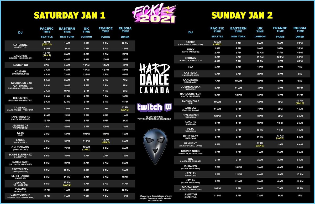 The full timetable! #fck2021 #hardstyle #hardcore #harddance #edm #rave #frenchcore #gabber #bounce #donk #frenchcore #breakcore #dnb 

Live via twitch.tv/harddancecanada