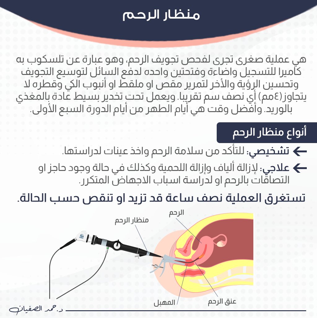 AlsufayanHamad's tweet photo. عملية منظار الرحم
تستغرق العملية نصف ساعة قد تزيد او تنقص حسب الحالة
انواع منظار الرحم:
تشخيصي: للتأكد من سلامة الرحم واخذ عينات لدراستها، 
علاجي: لإزالة ألياف وإزالة اللحمية وكذلك في حالة وجود حاجز او التصاقات بالرحم او لدراسة اسباب الاجهاض المتكرر. https://t.co/MvTGHk2GIh