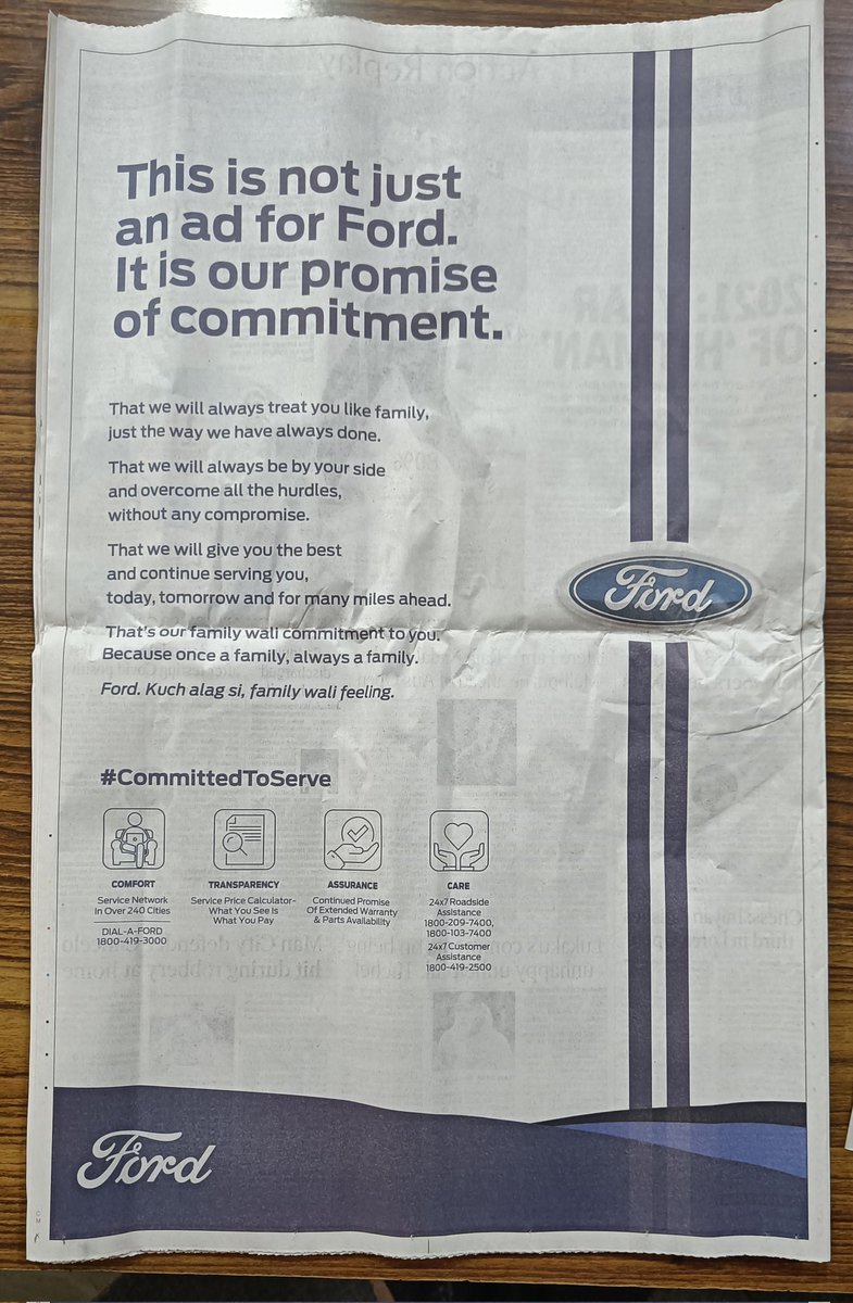 Back page of today's @timesofindia Delhi edition. This should give @FordIndia owners a big reassurance in terms of after sales support.