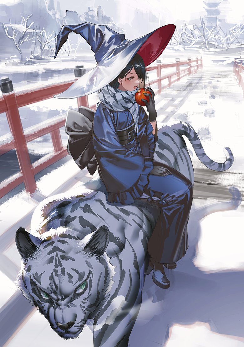 1girl tiger witch hat hat food japanese clothes gloves  illustration images