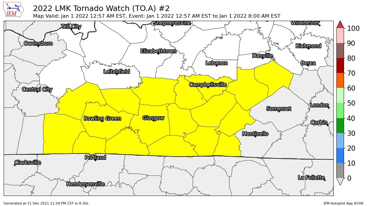 wxornotBG's tweet photo. The NWS has issued a Tornado Watch for all of WABBLES until 7:00 am. The watch contains a 30% chance for two or more tornadoes and a 10% chance of a significant (EF2 or greater). https://t.co/kJDNX14x0n