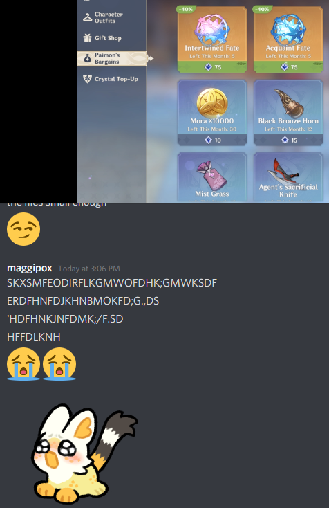 nocturnagic's tweet photo. haha @Maggipox is on a wish ban until xiao banner 😏

*oooo you wanna buy wishes soo baaad during ittos banner ooooo* https://t.co/9BgvBWi96s