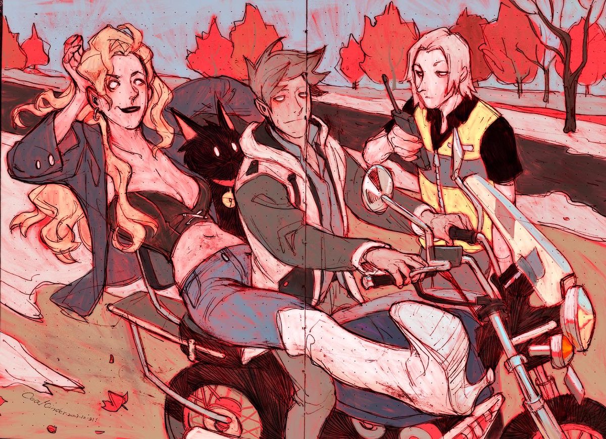 thecoalcinder's tweet photo. Happy new year everyone yippee 🎆

* “no officer it’s not the perspective that’s wrong, she’s just larger…”
#newyear #oc #originalcharacter #characterdesign #illustration #digitalart #digitalpainting #digitalillustration #procreate #motorcycle #drawing #originalart #comicart https://t.co/szm4K5X1CY