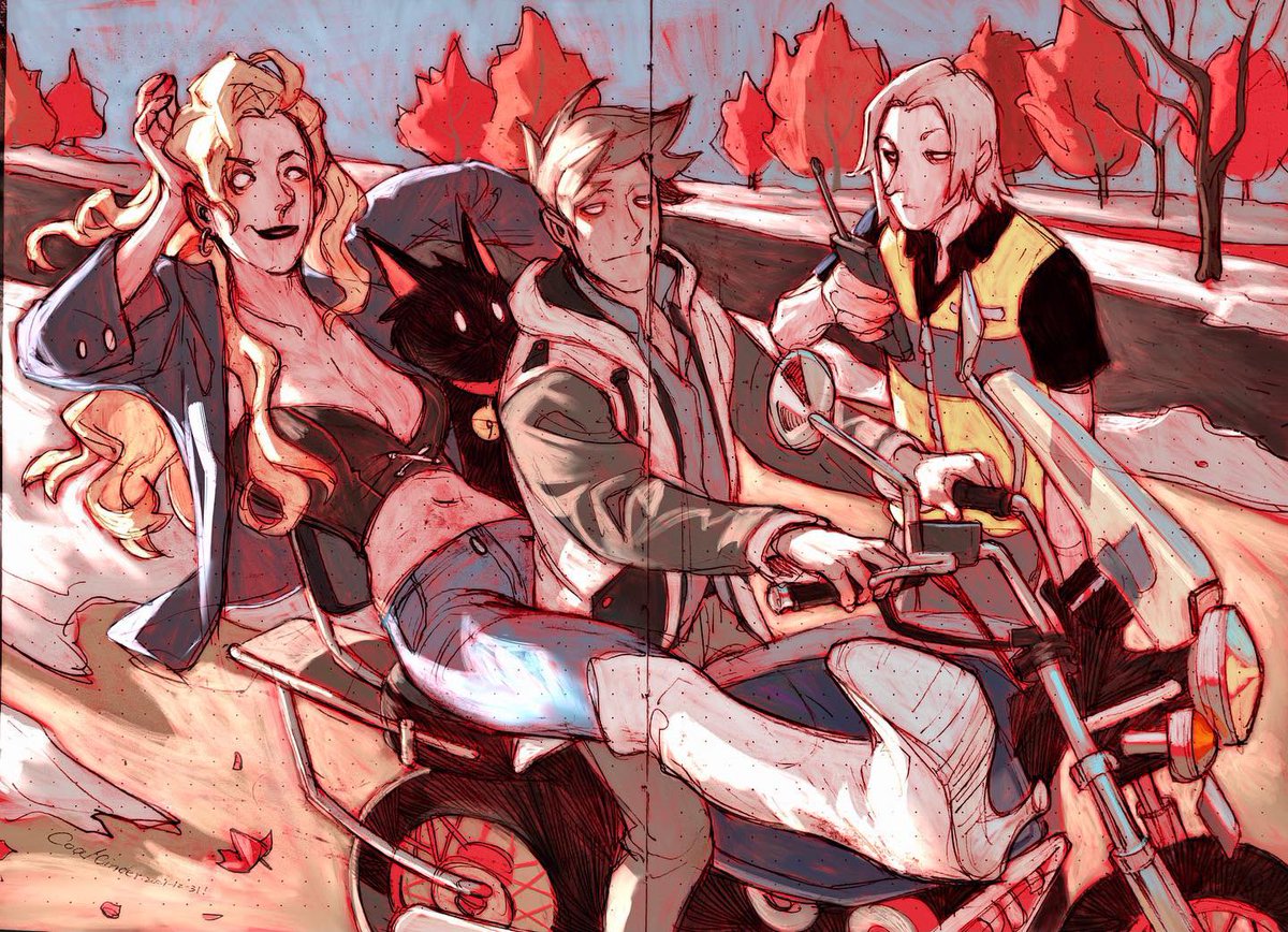 thecoalcinder's tweet photo. Happy new year everyone yippee 🎆

* “no officer it’s not the perspective that’s wrong, she’s just larger…”
#newyear #oc #originalcharacter #characterdesign #illustration #digitalart #digitalpainting #digitalillustration #procreate #motorcycle #drawing #originalart #comicart https://t.co/szm4K5X1CY