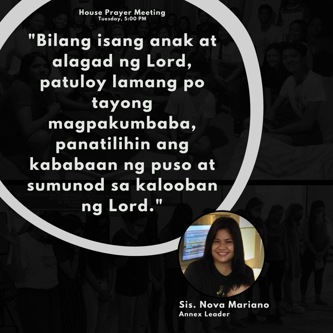 ROA_church's tweet image. "Bilang isang anak at alagad ng Lord, patuloy lamang po tayong magpakumbaba, panatilihin ang kababaan ng puso at sumunod sa kalooban ng Lord."
- Sis. Nova Mariano

House Prayer Meeting
Tuesday, 5:00pm
#HPM
#ROAChurch