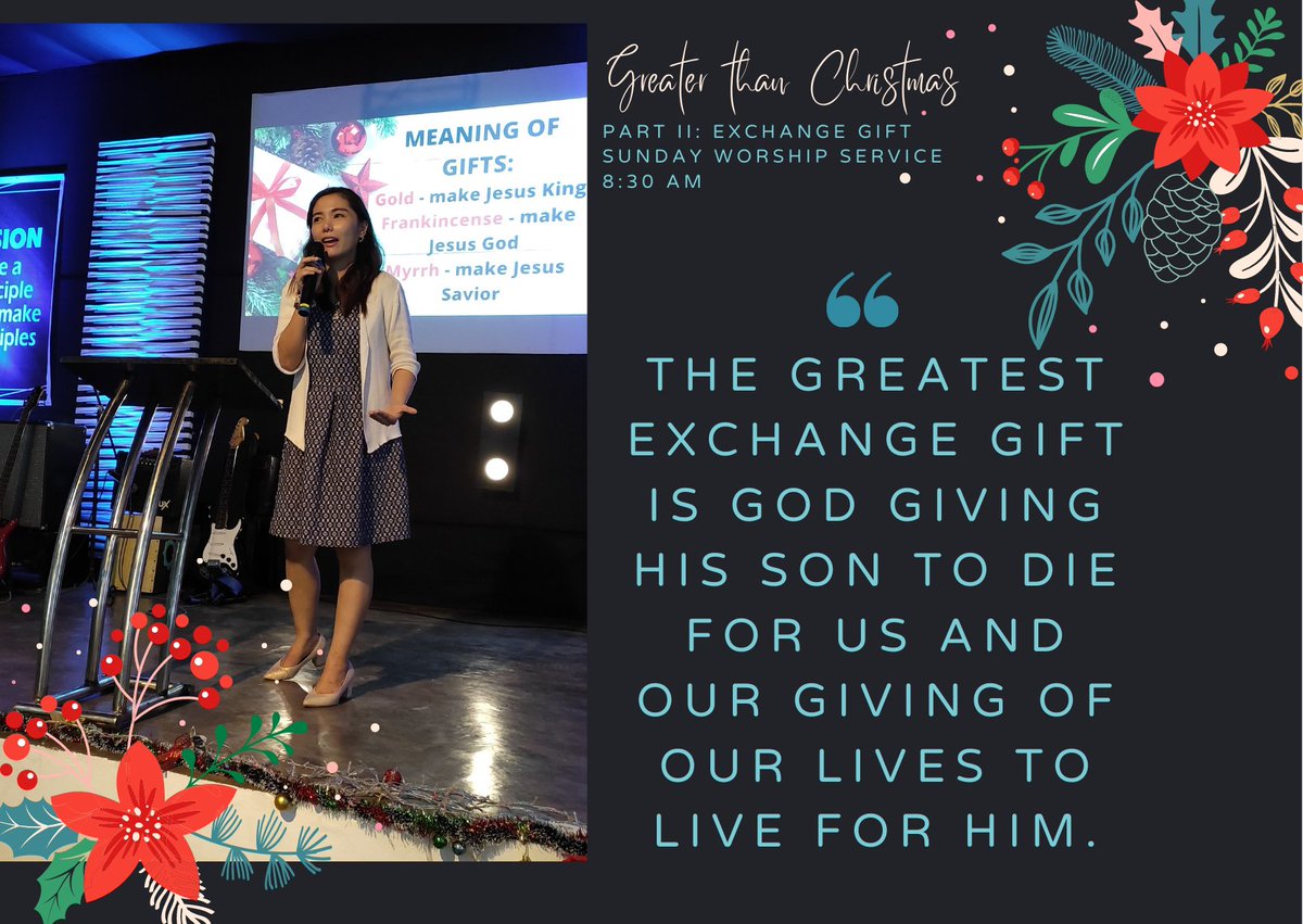 ROA_church's tweet image. "The Greatest Exchange Gift is God giving His Son to die for us and our giving of our lives to live for Him."
Ptra. Myrrhtel Mariano Garcia
-

GREATER THAN CHRISTMAS: "EXCHANGE GIFT"

FB live link:
facebook.com/roachurchoffic…
#GodIsGreat
#ROACHURCH
#SWS