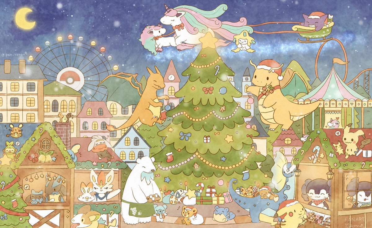 charizard ,pikachu pokemon (creature) christmas tree flame-tipped tail christmas hat moon gift  illustration images