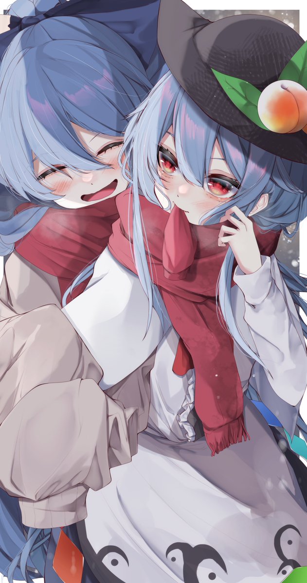 hinanawi tenshi ,yorigami shion multiple girls 2girls blue hair red scarf scarf black headwear long hair  illustration images