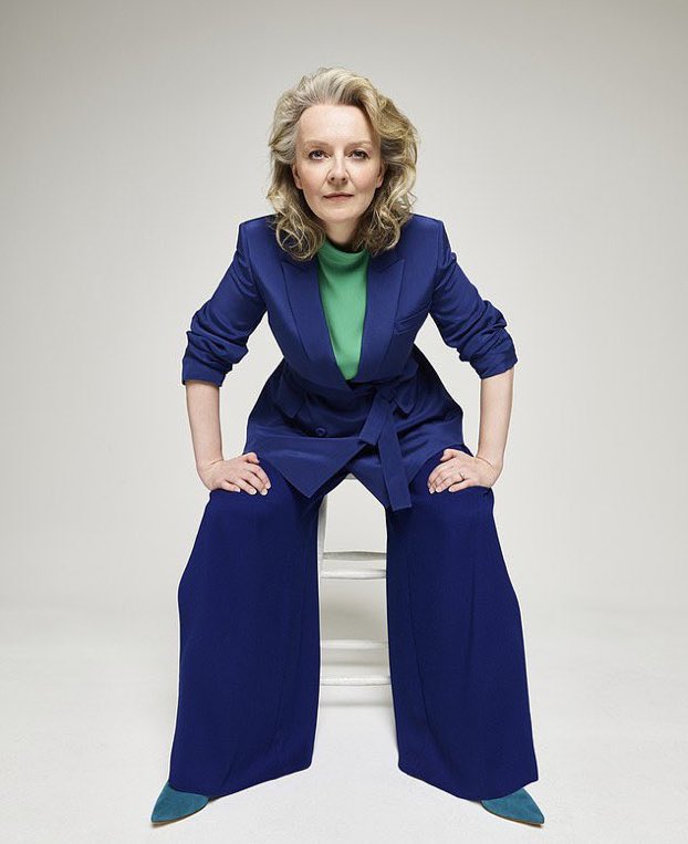 amoclin's tweet image. Why does this photo of Liz Truss look like promotional material for her comedy sketch show at the Edinburgh Fringe?