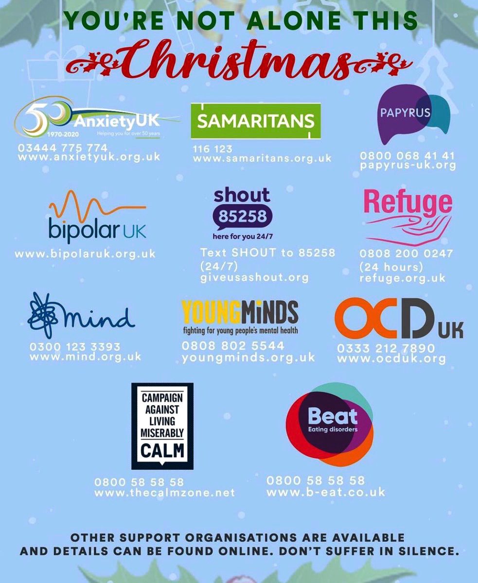 If you feel overwhelmed, very low &amp;/or are frightened  by your thoughts please text ‘Shout’ to 85258. A trained crisis volunteer will text you back 24/7 &amp; this service is free. 
Here are some more numbers that will offer help if you need it in the next few days: