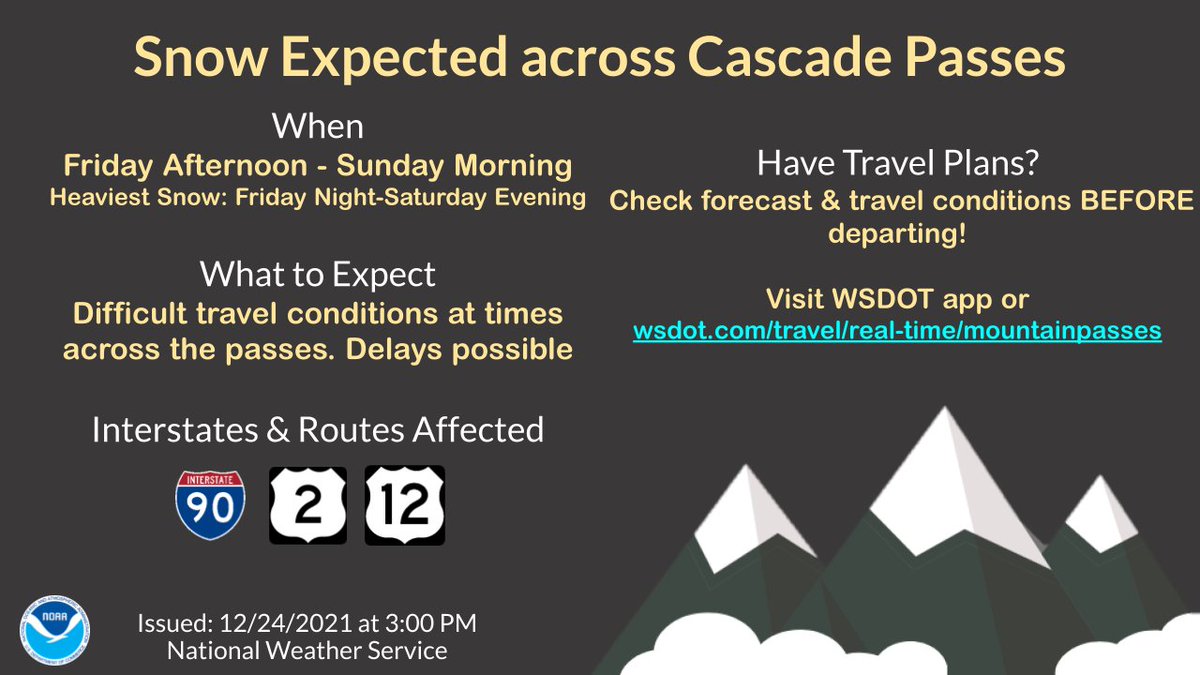 NWSSeattle's tweet photo. ⚠️🌨️🚗🚙🚌🚐🌨️⚠️
TRAVEL CONDITIONS
Snowy, difficult travel is expected at times this weekend. Be sure to follow our partners at @wsdot for the latest road conditions: https://t.co/vftbgwcfz0
#wawx https://t.co/HCAD2fqu5B