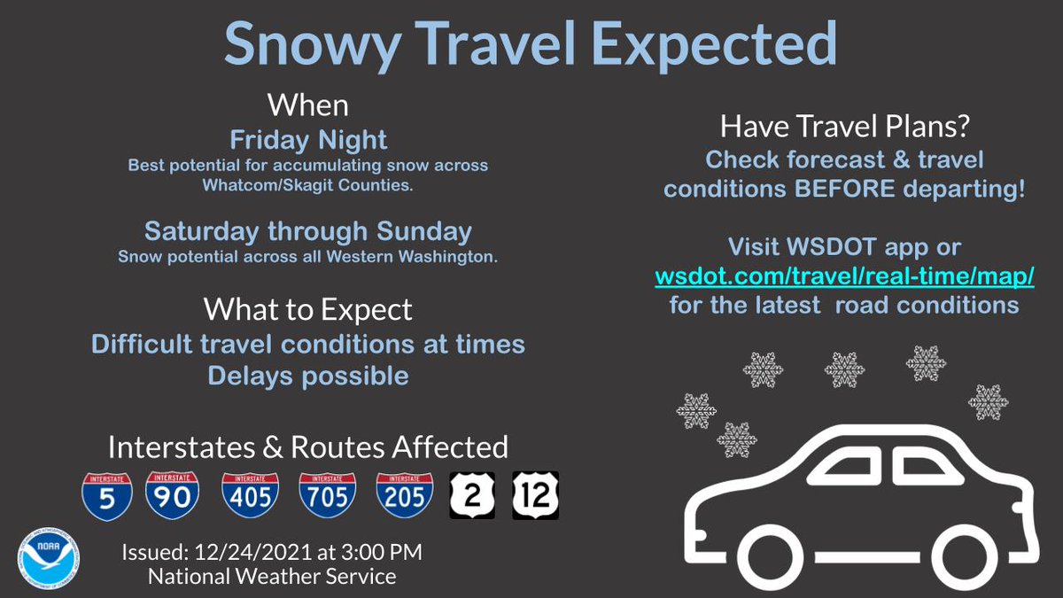 NWSSeattle's tweet photo. ⚠️🌨️🚗🚙🚌🚐🌨️⚠️
TRAVEL CONDITIONS
Snowy, difficult travel is expected at times this weekend. Be sure to follow our partners at @wsdot for the latest road conditions: https://t.co/vftbgwcfz0
#wawx https://t.co/HCAD2fqu5B