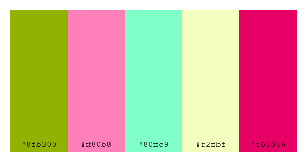 ColPaletteBot's tweet photo. Beep beep, here's a pretty color palette for you!
color-scheme.js parameters used:
- hue: 345
- variation: default
- colors: #8fb300, #ff80b8, #80ffc9, #f2ffbf, #e60066
Have a lovely evening!
#twitterbot #colorpalette #colors #palette #prettycolors https://t.co/LRzYj4LMCV
