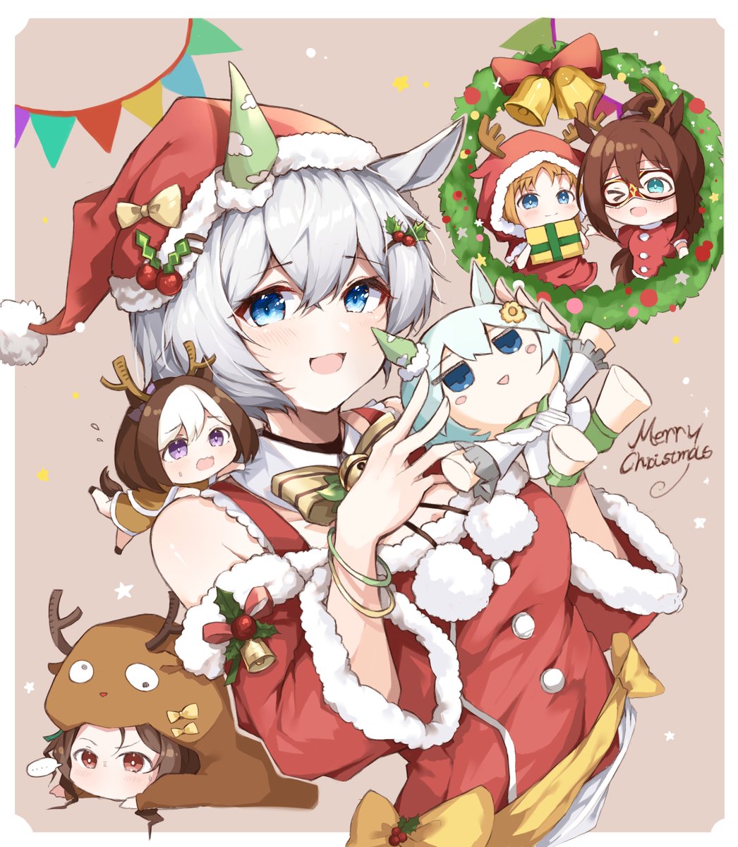 seiun sky (umamusume) ,special week (umamusume) hat animal ears santa hat blue eyes multiple girls brown hair christmas  illustration images