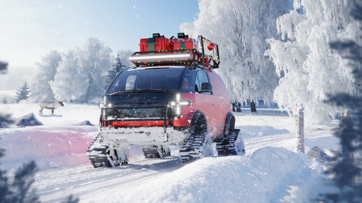 canoo's tweet image. Dashing through the snow…in a 300+ horsepower sleigh. Happy Holidays from Canoo. 🎄