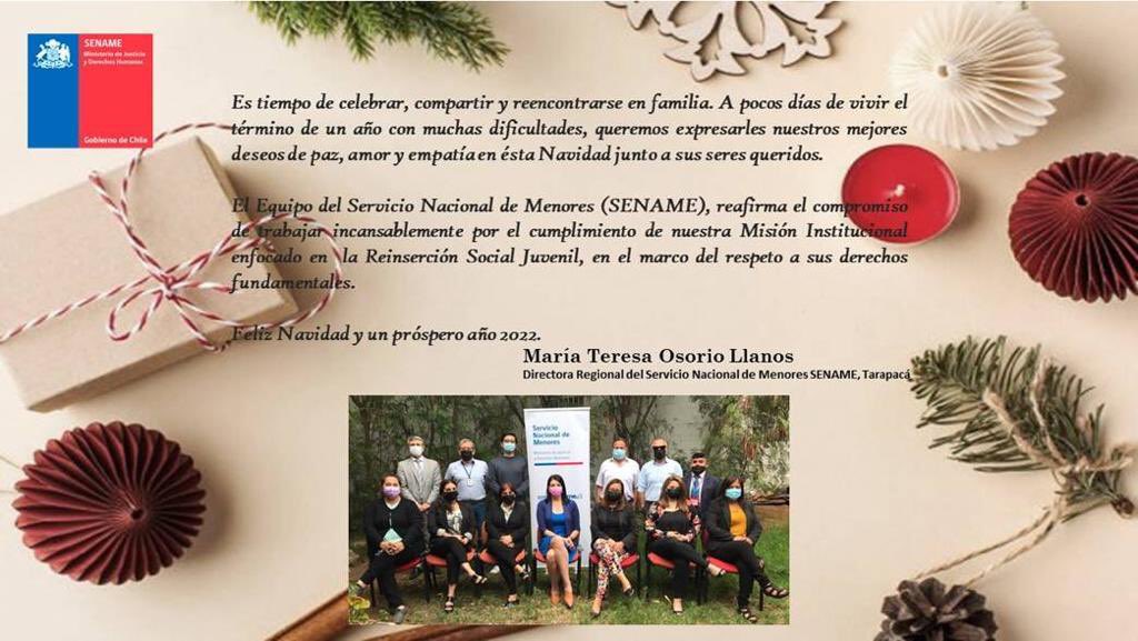 SenameTarapaca's tweet photo. 🎄En esta noche buena María Teresa Osorio, Directora Regional de @SenameTarapaca envía un afectuoso saludo a todos los colaboradores que hacen posible cumplir nuestra misión de trabajar por la Reinserción Social Juvenil
Feliz Navidad a Todos!! 🎄 https://t.co/wIF4IvqysF