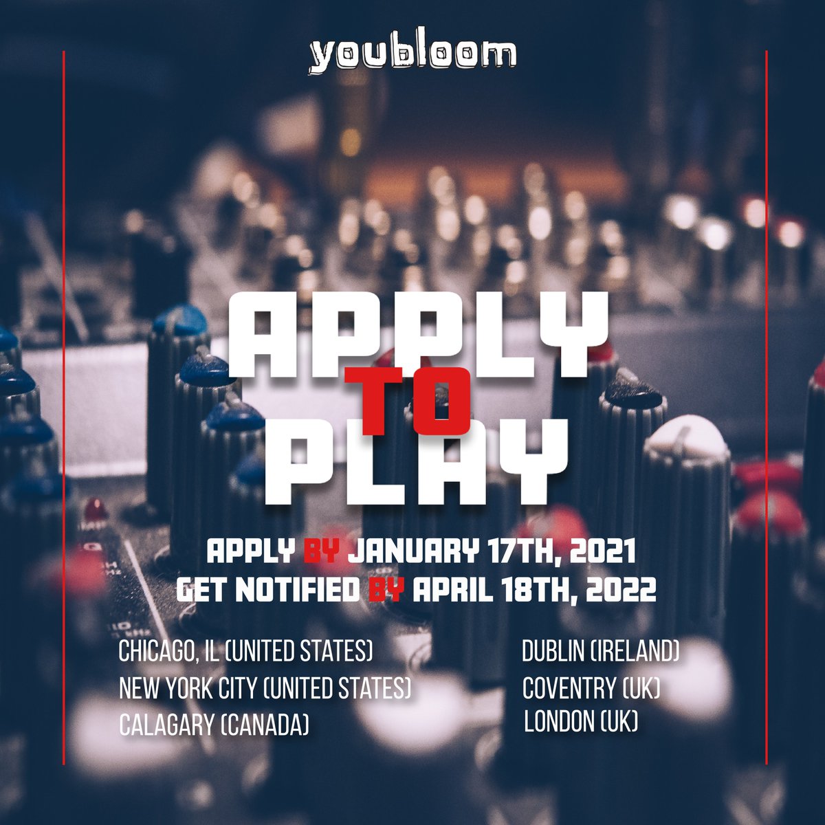 youbloom's tweet photo. Applications just opened for youbloom live shows in May 2022 for 🇨🇦Calgary (Canada) 🇮🇪Dublin (Ireland) 🇬🇧Coventry (UK) 🇬🇧London (UK) 🇺🇸 New York City (USA) 🇺🇸 Chicago (USA) Head over to https://t.co/OMydNDPMth to apply to play!
#applytoplay #indiemusic #youbloom https://t.co/BidgVjYhBK