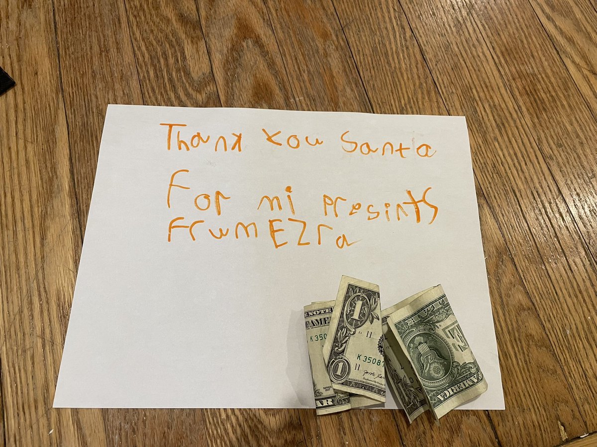 RuthMargolis's tweet photo. My 6-year-old insisted on leaving a tip for Santa. Cute. But also… cheap? https://t.co/SloQrs8BjC