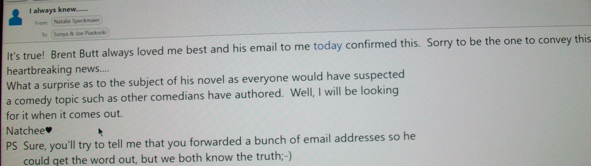 Sunnyjoe2's tweet photo. My sister, Natalie, ha! ha!-d me because she thought @BrentButt didn't include me in his mail-out. I was crushed until I checked my emails and saw proof positive that he didn't forget me after all, so Ha! Ha! right back at you, Nat. #ILovedHimFirst https://t.co/8XfNtc5pgs
