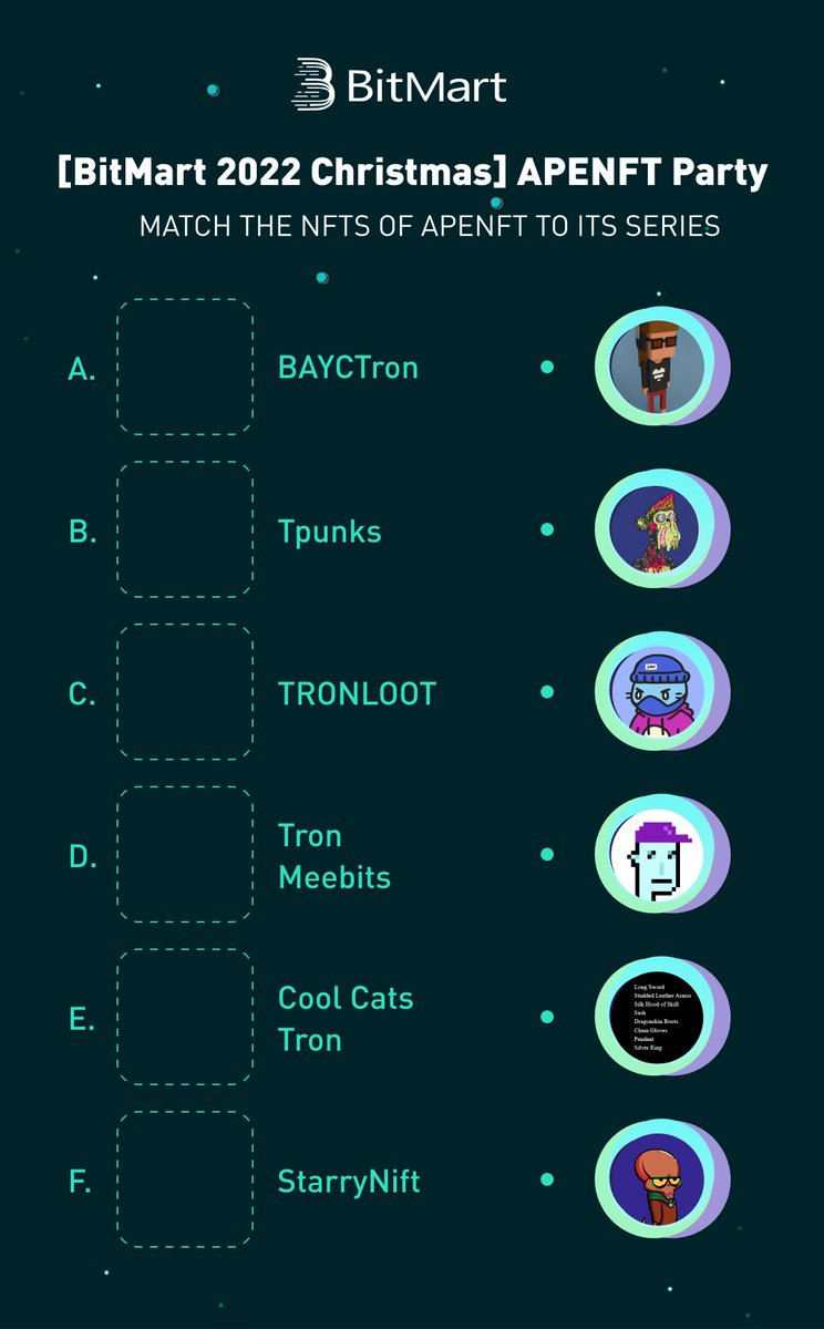 #BitMart 2022 Christmas APENFT Party <a href="/apenftorg/">apenft</a> is coming!

✍️Match the NFTs of APENFT to its Series

✨Follow the rules 👉bit.ly/3yUhxQl
✨Finish the tasks, follow, RT &amp; tag 3 frds

🎅15 random lucky participants will win one BAYCTron NFT each (Worth approx. $200) 🎁