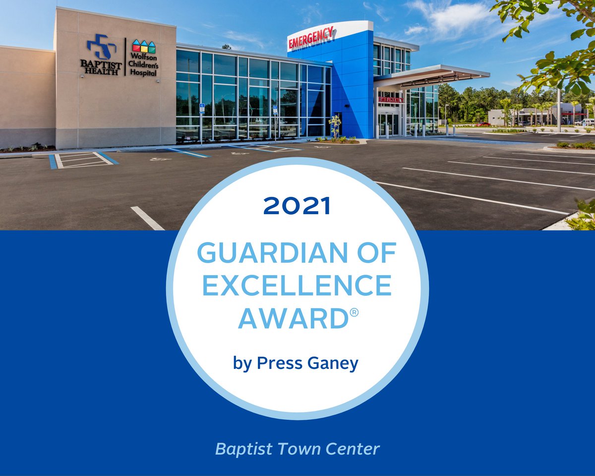 BaptistHealthJx's tweet photo. We are #BaptistProud to share that the #BaptistTownCenter emergency department has been named 2021 Guardian of Excellence Award® winner by Press Ganey. For more information on our #BaptistTownCenter location, visit https://t.co/CyLRYSKwgt https://t.co/B617LN2sZU