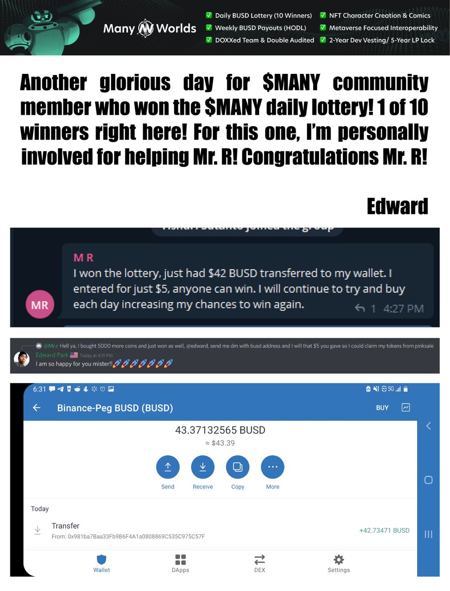 TFW_INC's tweet photo. Here is another daily #ManyWorldToken lottery winner today! I helped out on this one!  🚀🚀🚀🚀🚀🚀🚀 #BSC #Tokenomics #Rewards #cryptocurrency #BUSD #Binance 
@binance
 
@manyworldstoken https://t.co/XxPvA4rKfE