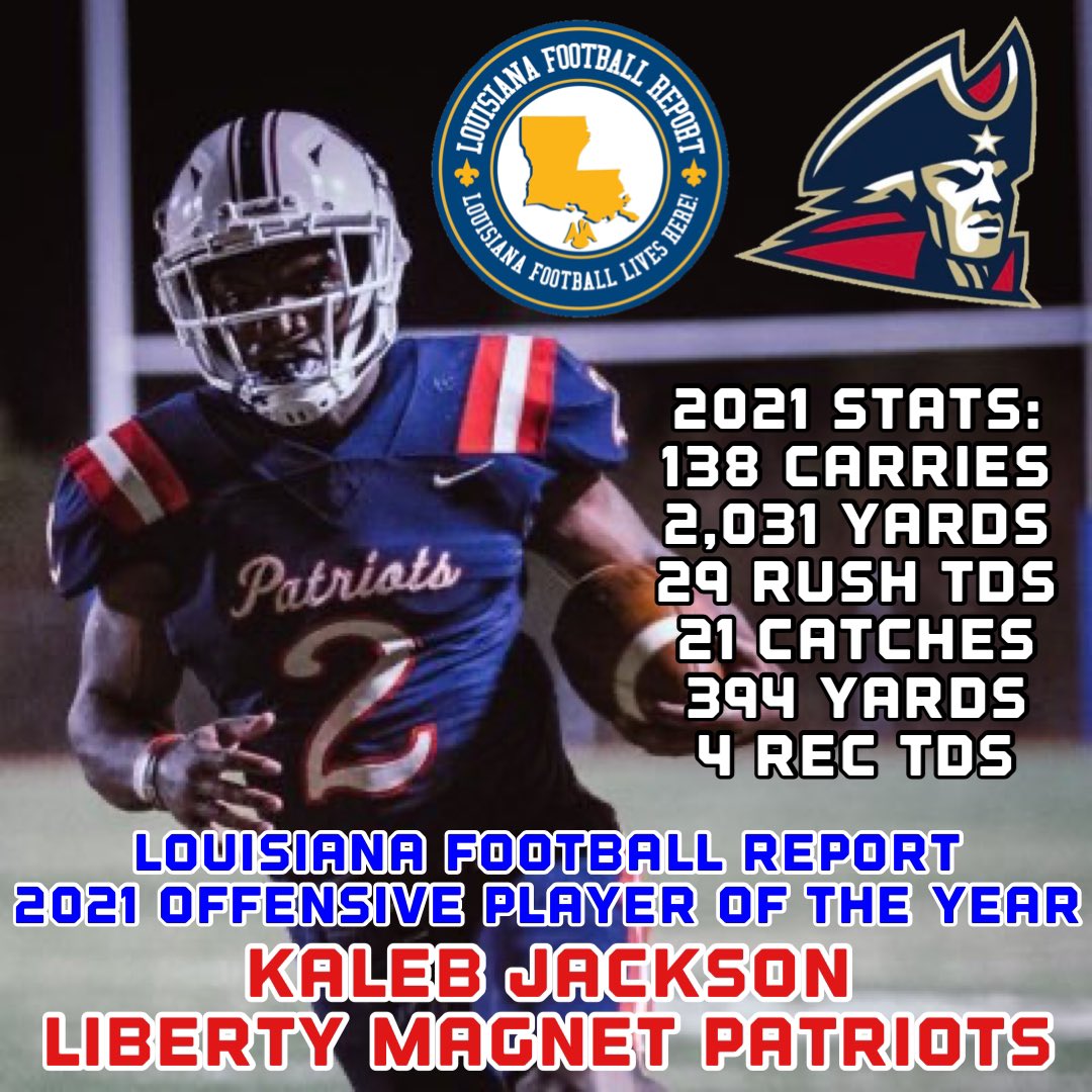 LAFBReport's tweet photo. .@LAFBReport 2021 Best of #LAHSFB Offensive Player of the Year: 

Kaleb Jackson - Liberty Magnet! 

Kaleb went over 100 yards rushing in all 11 games played this year! Averaging 184.6 yards per game!

- 2021 District 7-4A MVP

Congratulations Kaleb!
#LouisianaFootballReport https://t.co/8MKHf7gM0I