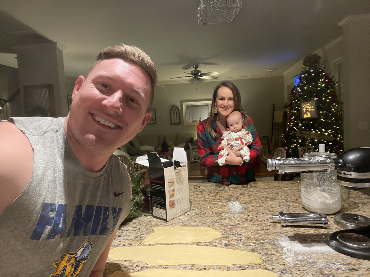 JeffMoyer41's tweet photo. My wife, @_haleymoyer, and I started a tradition of making homemade pasta on Christmas Eve. This year was extra special with our little chicken nugget. She even helped and got a little messy! https://t.co/LSkyxXI3SM