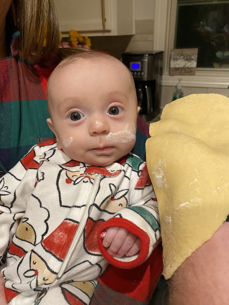 JeffMoyer41's tweet photo. My wife, @_haleymoyer, and I started a tradition of making homemade pasta on Christmas Eve. This year was extra special with our little chicken nugget. She even helped and got a little messy! https://t.co/LSkyxXI3SM