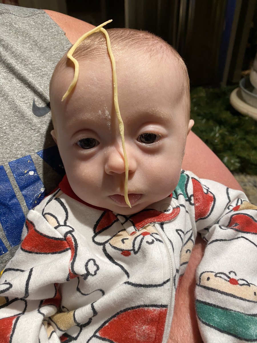 JeffMoyer41's tweet photo. My wife, @_haleymoyer, and I started a tradition of making homemade pasta on Christmas Eve. This year was extra special with our little chicken nugget. She even helped and got a little messy! https://t.co/LSkyxXI3SM