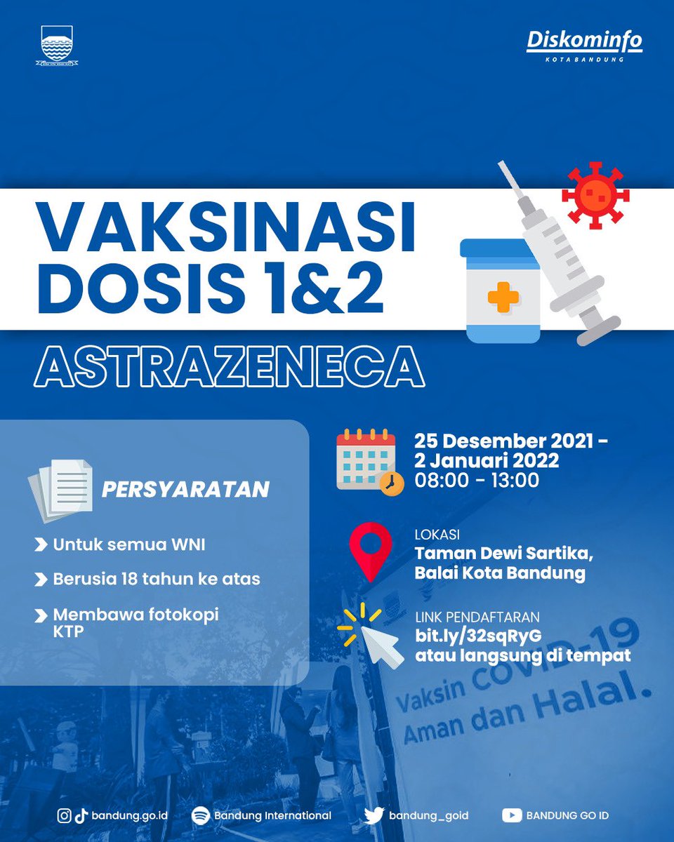 humasbandung_'s tweet photo. ❗️VAKSIN GRATIS❗️

Halo, Wargi Bandung!

Bagi yang belum melakukan vaksinasi COVID-19 dosis 1 dan 2, YUK ikutan vaksin gratis yang akan diselenggarakan mulai HARI INI, lho! #vaksinbandung #vaksingratis https://t.co/RuCoPZdl40